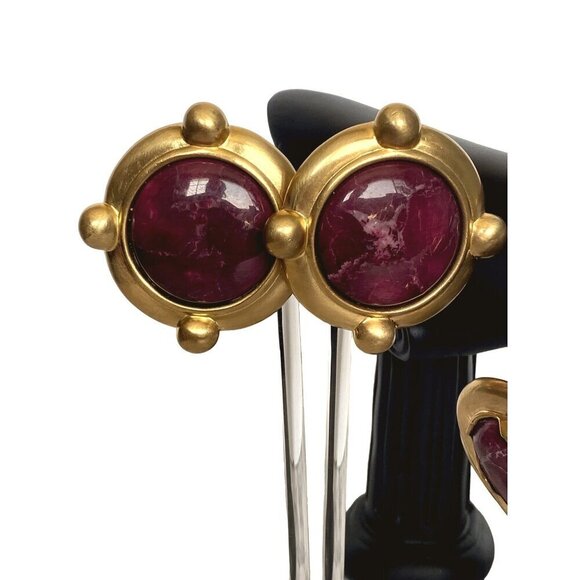 Anne‎ Klein Couture rare vintage 80s magenta marble cabochon earrings & bracelet - Picture 2 of 10